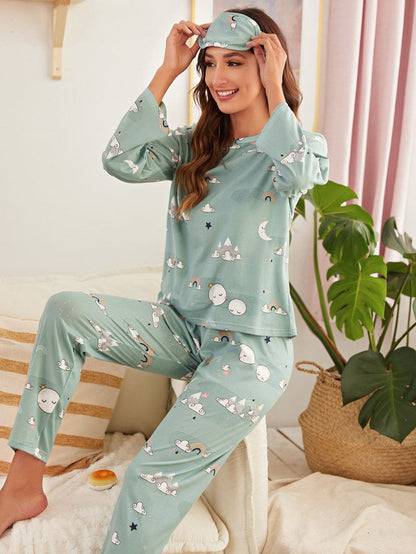 Round Neck Cartoon Graphic Pyjama Sleepwear Set With Eyecover