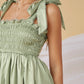 Mint Green Sleeveless Satin Smocked Picot Self-Tie Cami Mini Dress