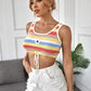 Striped Pattern Floral Embroidery Scoop Neck Drawstring Hem Crop Knit Top