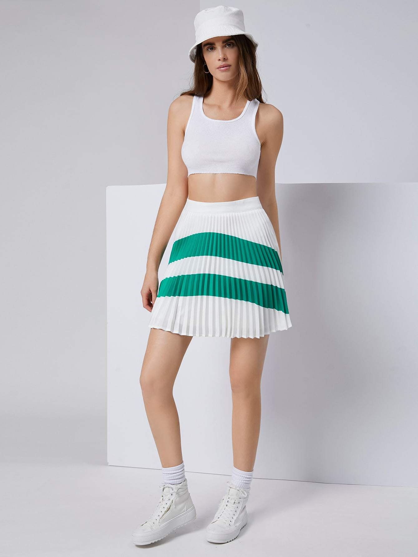 Two Tone Pleated Zipper High Waist Skirt