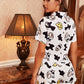 Black White Cow And Cheese Print Ruffle Hem Pyjama Sleepwear Set