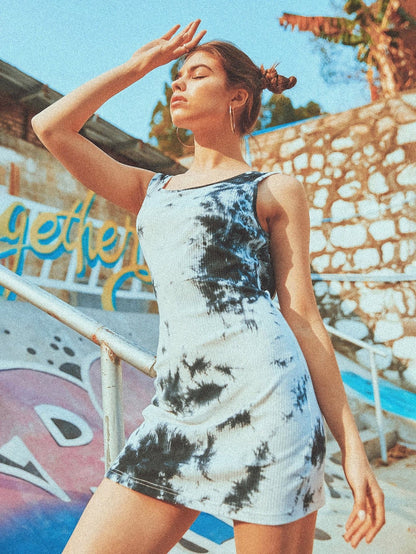 Black White Tie Dye Backless Scoop Neck Sleeveless Slim Fit Dress