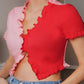 V-Neck Ruffle Trim Two Tone Rib-Knit Slim Fit Crop Top