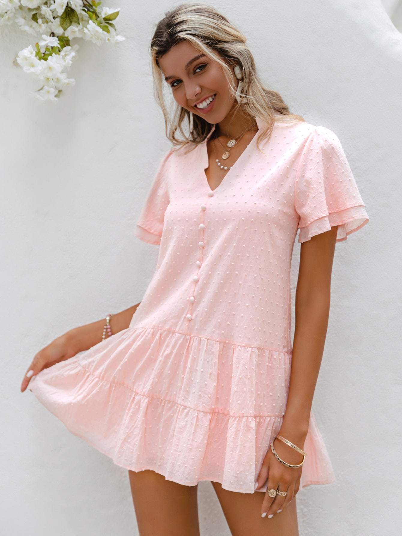 Pastel Pink V-Neck Button Front Flounce Sleeve Ruffle Hem Swiss Dot Smock Dress