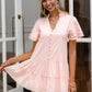 Pastel Pink V-Neck Button Front Flounce Sleeve Ruffle Hem Swiss Dot Smock Dress