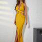 Mustard Yellow Halter Plunging Neckline Cut-Out Backless Sleeveless Maxi Dress