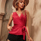 Burgundy V-Neck Sleeveless Self Tie Solid Wrap Top