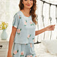 Blue Round Neck Floral Print Pyjama Sleepwear Set