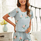 Blue Round Neck Floral Print Pyjama Sleepwear Set