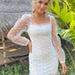 White Square Neck Gathered Sleeve Dobby Mesh Polka Dot Dress