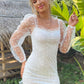 White Square Neck Gathered Sleeve Dobby Mesh Polka Dot Dress