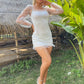 White Square Neck Gathered Sleeve Dobby Mesh Polka Dot Dress