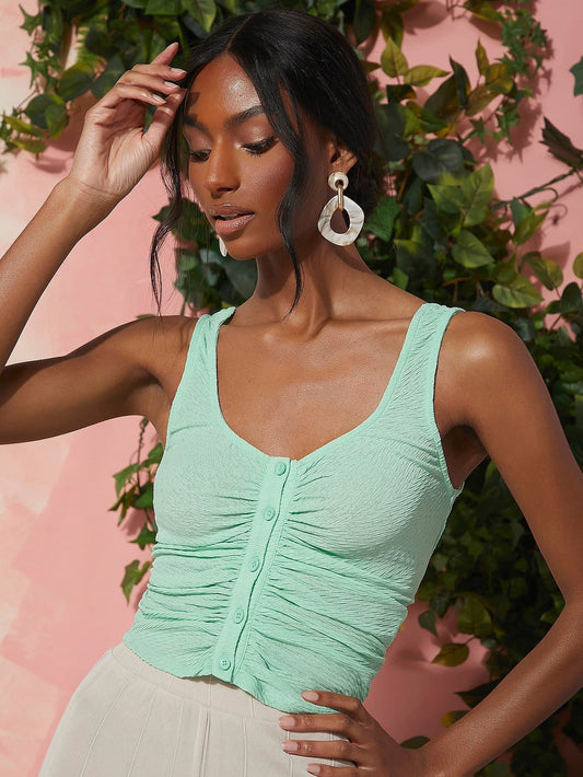 Mint Green Scoop Neck Button Front Ruched Detail Sim Fit Tank Top