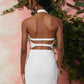 White Open Back Cutout Ruched Front Sleeveless Backless Halter Dress