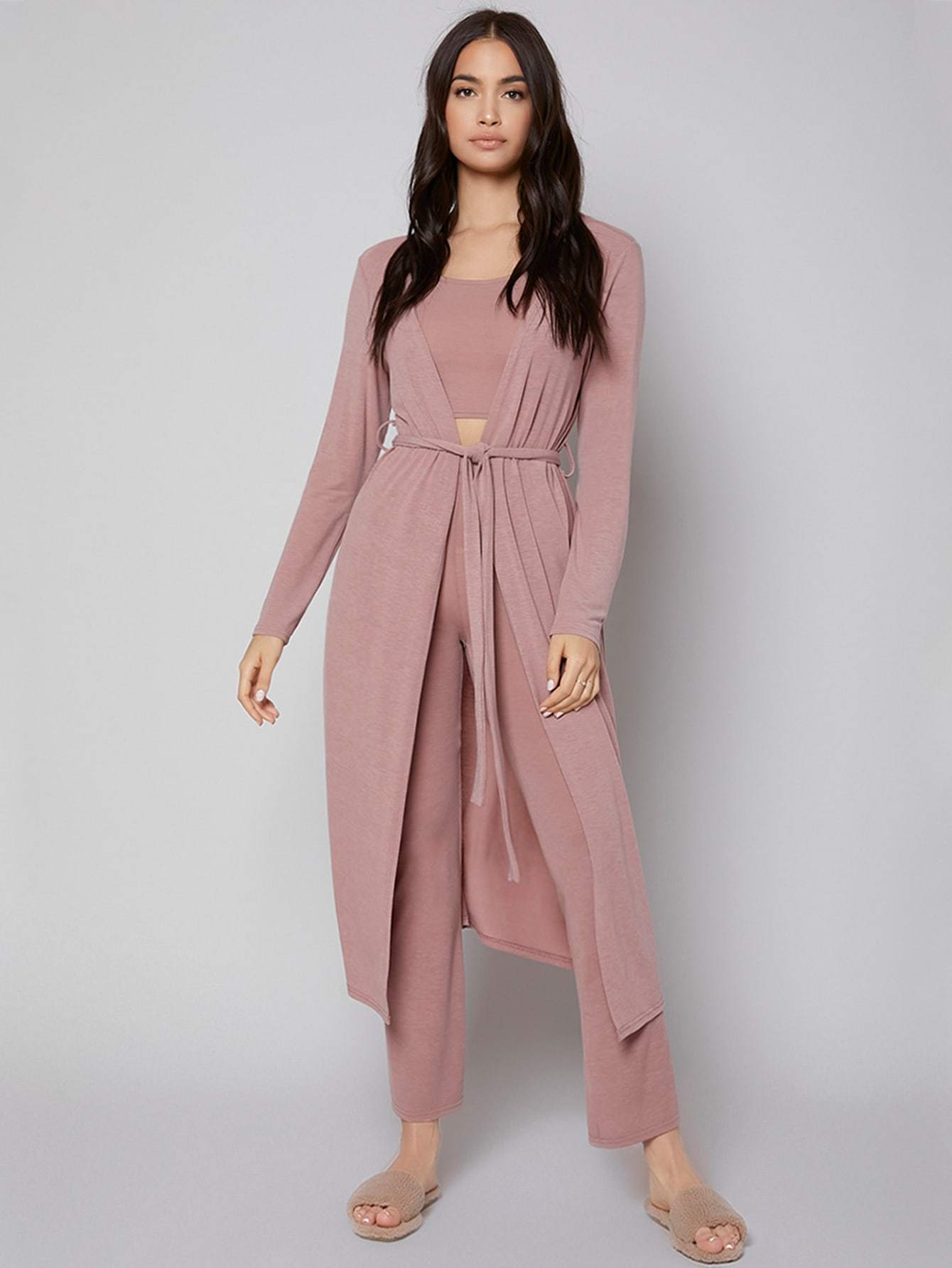 Dusty Pink Spaghetti Strap Solid Cami Lounge Set With Belted Robe