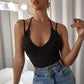Spaghetti Double Strap Plunging Tie Back Solid Cami Top