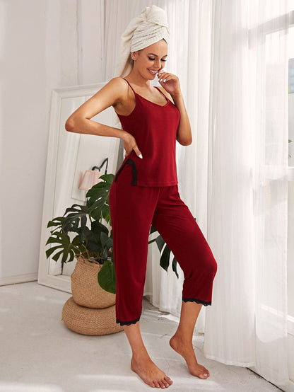 Spaghetti Strap Sleeveless Contrast Lace Split Pyjama Sleepwear Set