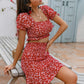 Red Square Neck Ditsy Floral Shirred Top and Ruffle Hem Skirt Set