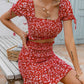 Red Square Neck Ditsy Floral Shirred Top and Ruffle Hem Skirt Set