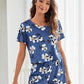 Navy Blue Round Neck Floral Print Round Neck Tee and Shorts Pyjama Sleepwear Set