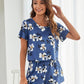 Navy Blue Round Neck Floral Print Round Neck Tee and Shorts Pyjama Sleepwear Set