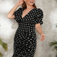Plus Black Polka Dot V-Neck Puff Sleeve Drawstring Ruched Ruffle Hem Dress