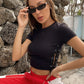 Black Eyelet Lace Up Side Slim Fit Crop Tee Top