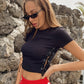 Black Eyelet Lace Up Side Slim Fit Crop Tee Top