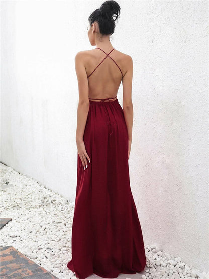 Crisscross Tied Backless Sleeveless Spaghetti Strap Plunge Neck Split Thigh Dress