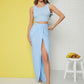 Pastel Blue Round Neck Sleeveless Solid Tank Top and Asymmetrical Skirt Set