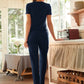 Round Neck Solid Shorts Sleeve Top and Trousers Lounge Sleepwear Set