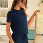 Round Neck Solid Shorts Sleeve Top and Trousers Lounge Sleepwear Set