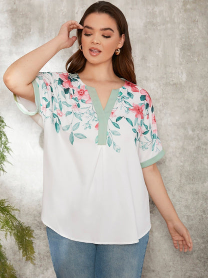 Plus White Floral Notched Neck Batwing Short Sleeve Top