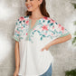 Plus White Floral Notched Neck Batwing Short Sleeve Top