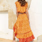 Mustard Yellow Round Neck Layered Ruffle Trim Floral Top and Skirt Set