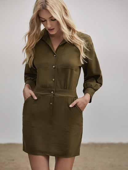 Army Green Pocket Patched Button Front Mini Shirt Dress