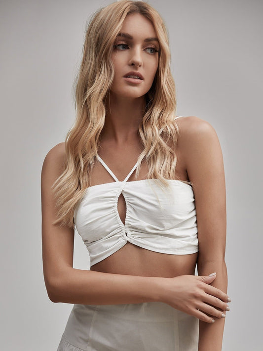 White Cutout Front Halter Slim Fit Top