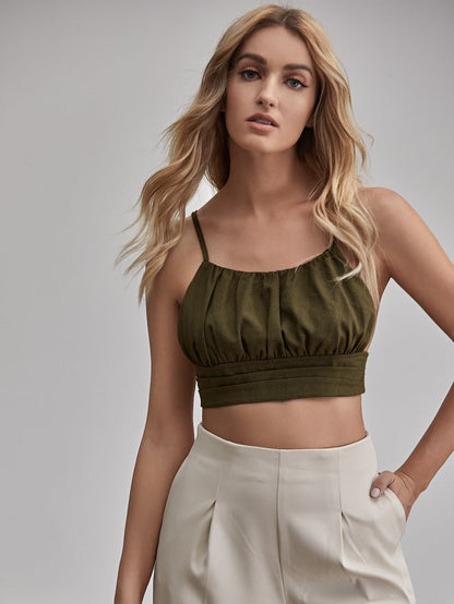 Army Green Backless Sleeveless Ruched Bust Crisscross Back Crop Top