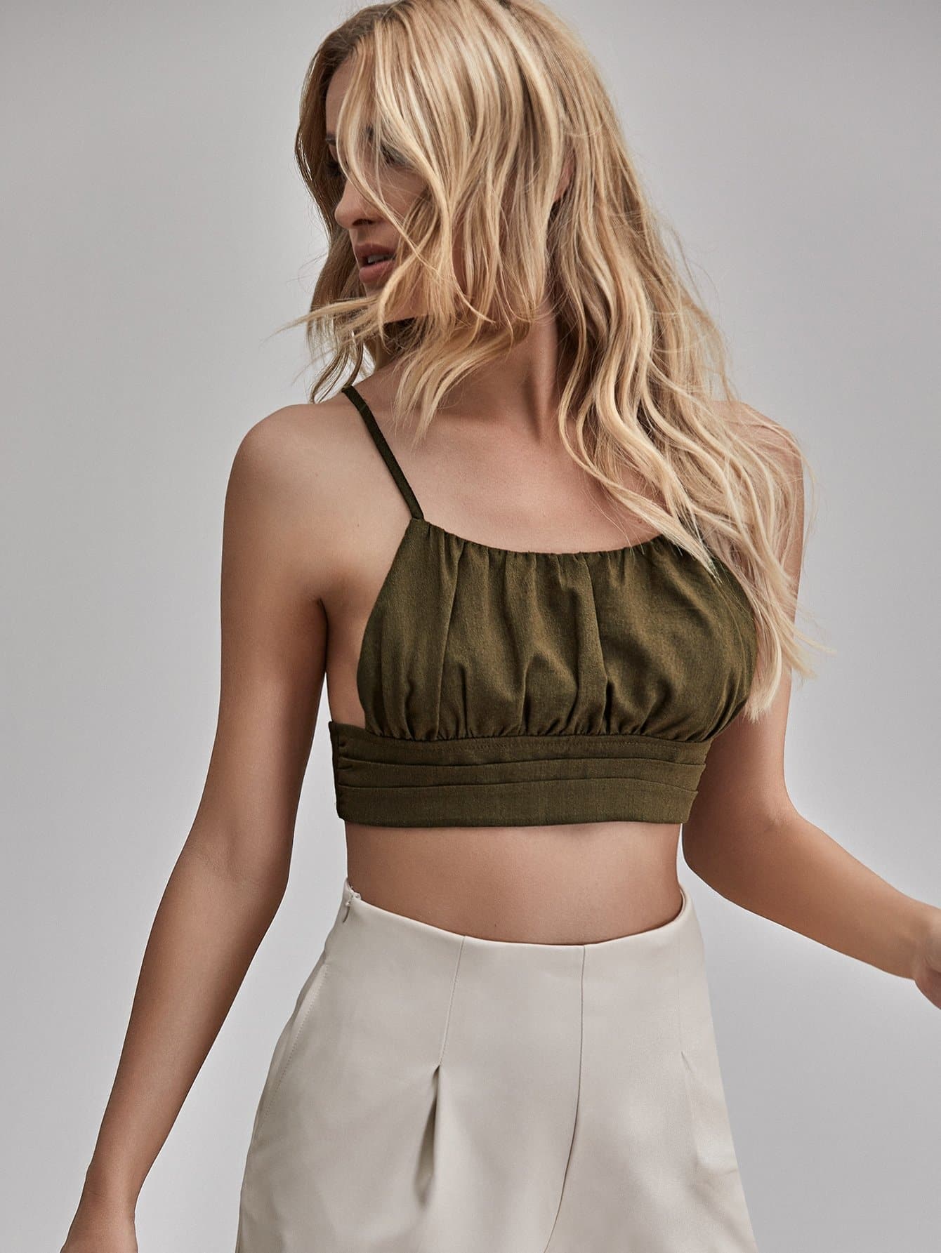 Army Green Backless Sleeveless Ruched Bust Crisscross Back Crop Top