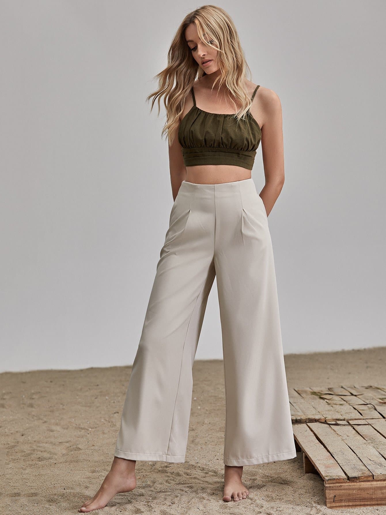 Army Green Backless Sleeveless Ruched Bust Crisscross Back Crop Top