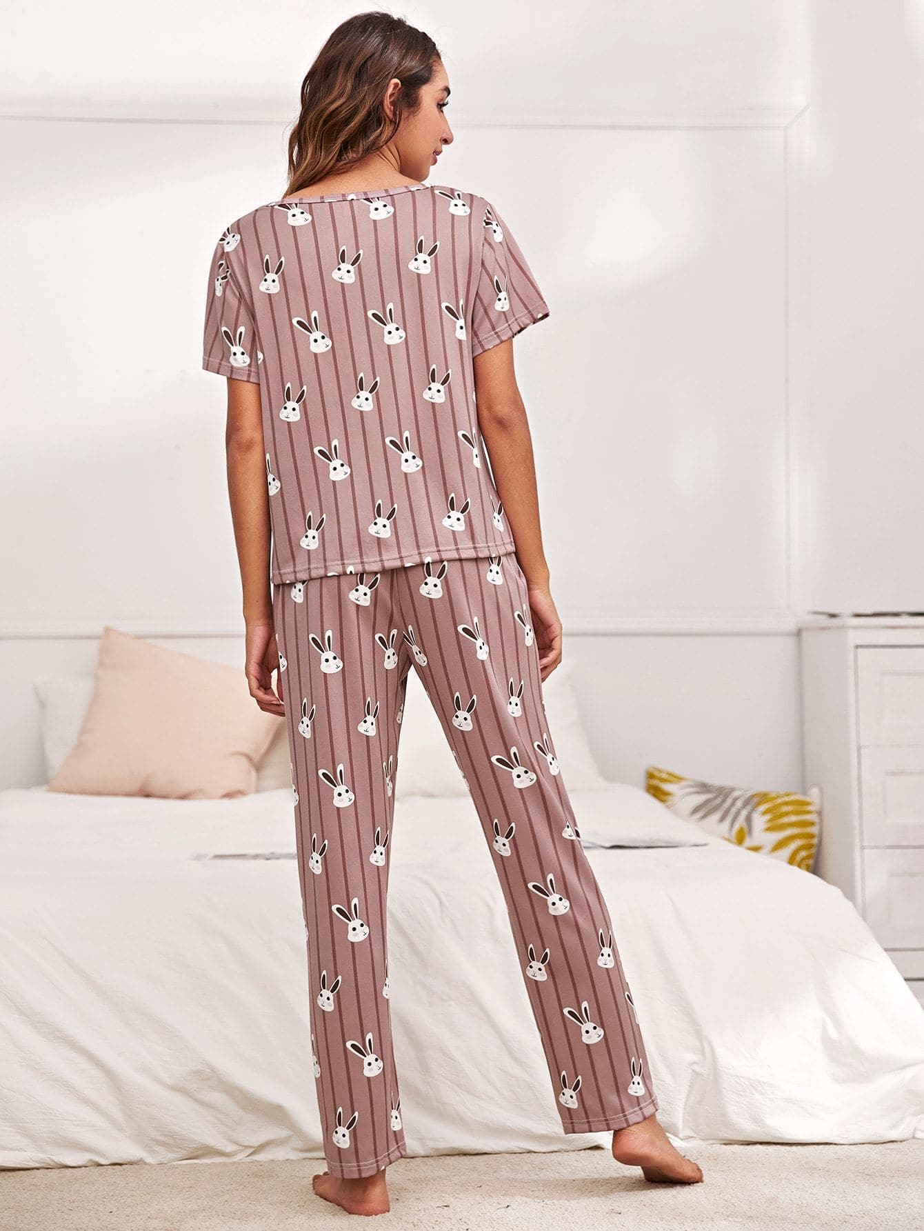 Dusty Pink Round Neck Rabbit And Stripe Print Pyjama Sleepwear Set