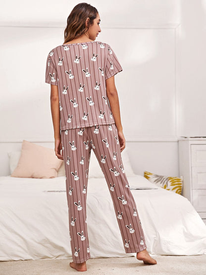 Dusty Pink Round Neck Rabbit And Stripe Print Pyjama Sleepwear Set