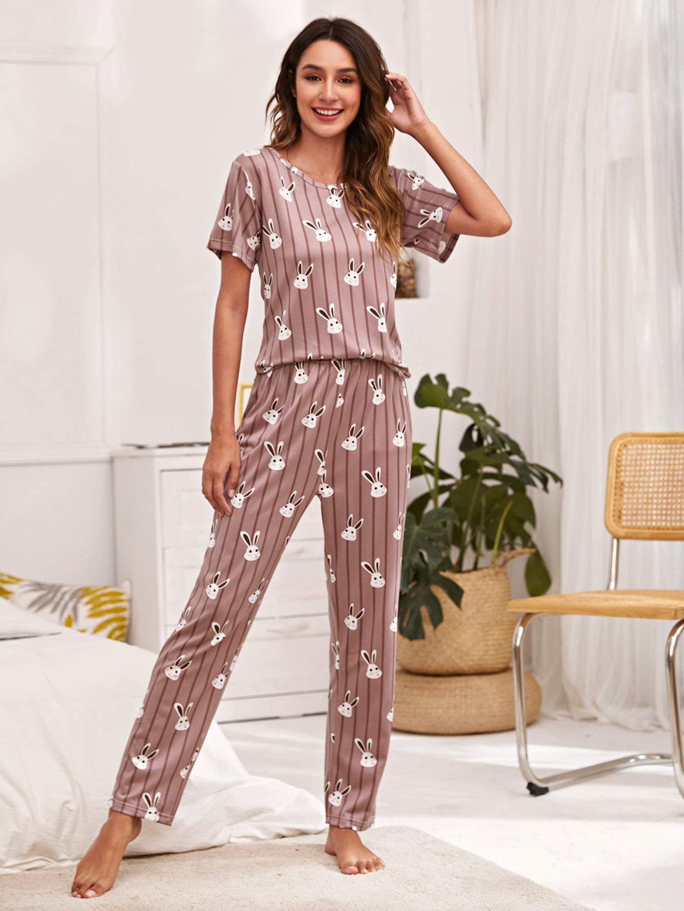 Dusty Pink Round Neck Rabbit And Stripe Print Pyjama Sleepwear Set