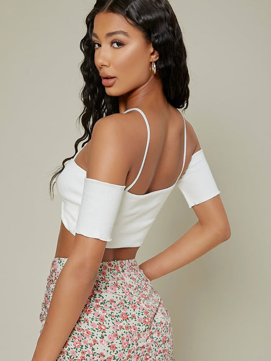 White Cold Shoulder Twisted Lettuce-Edge Strappy Slim Fit Crop Top