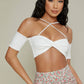 White Cold Shoulder Twisted Lettuce-Edge Strappy Slim Fit Crop Top