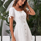 White Square Neck Puff Sleeve Button Front Dress