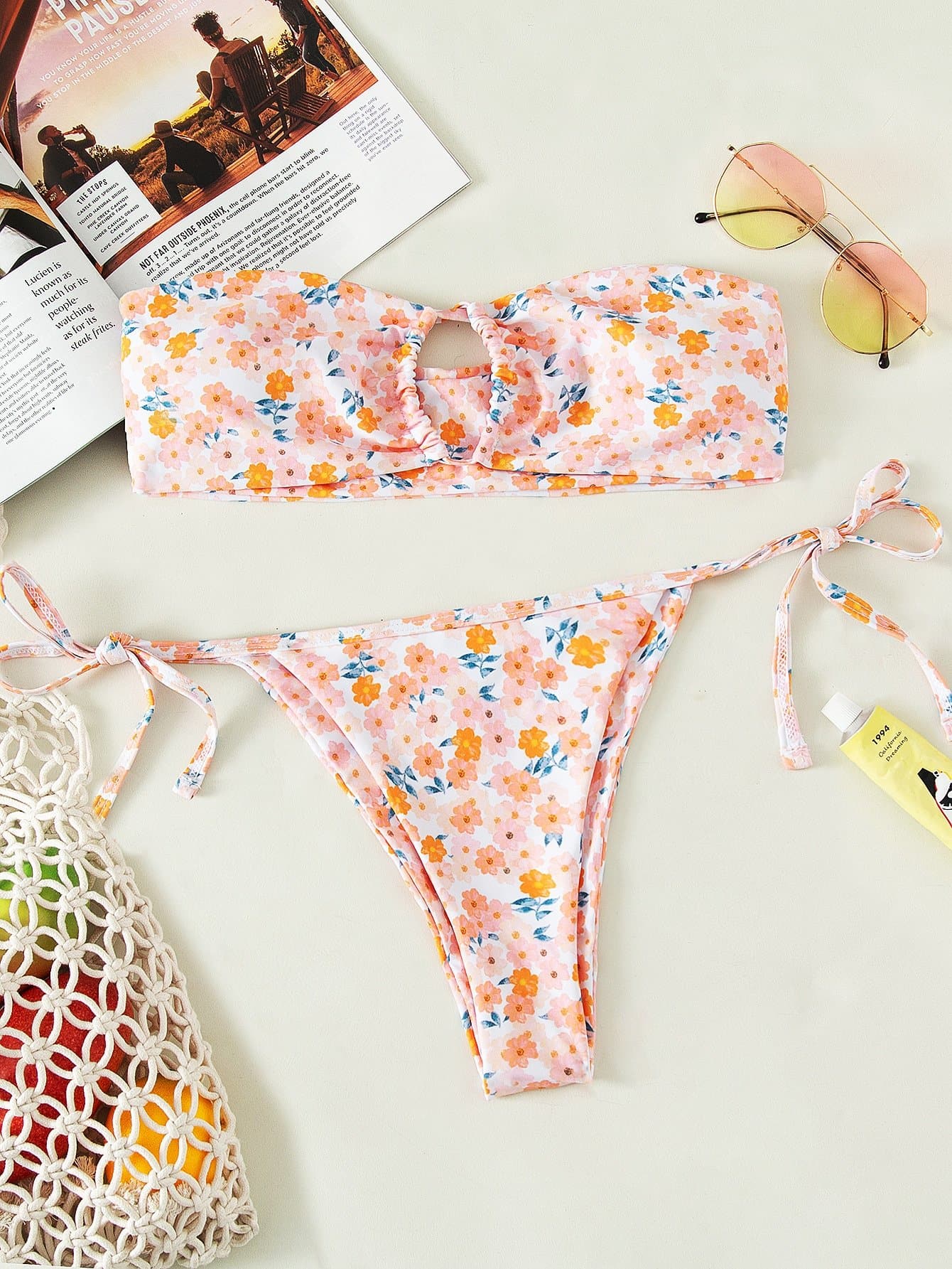 Random Ditsy Floral Bandeau Ruched Bikini Swimsuit