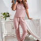 Dusty Pink Round Neck Waffle Knit Solid Lounge Sleepwear Set