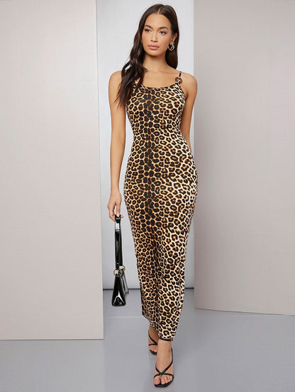 Spaghetti Strap Sleeveless Ring Split Hem Leopard Print Slim Fit Dress