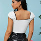 White Square Neck Puff Sleeve Lace Edge Rib-knit Crop Top